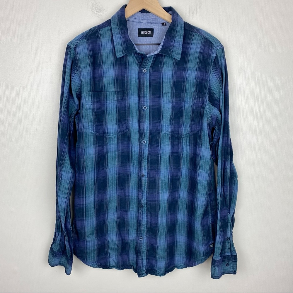 Hudson Shirt Mens Large Santana Blue Purple‎ Plaid Check Button Up Preppy